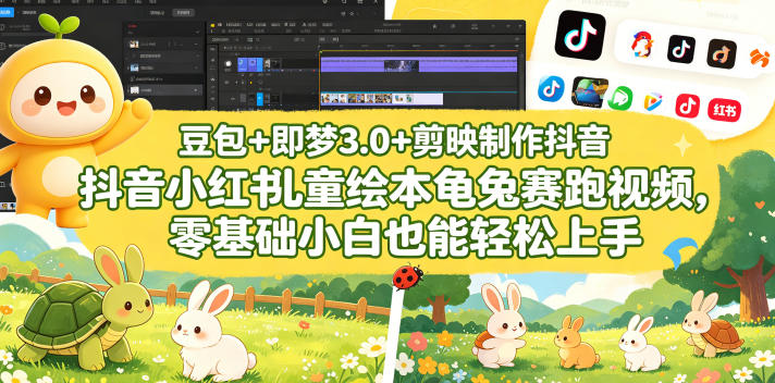 豆包＋即梦3.0+剪映制作抖音小红书儿童绘本龟兔赛跑视频，零基础小白也能轻松上手-huitchan网创