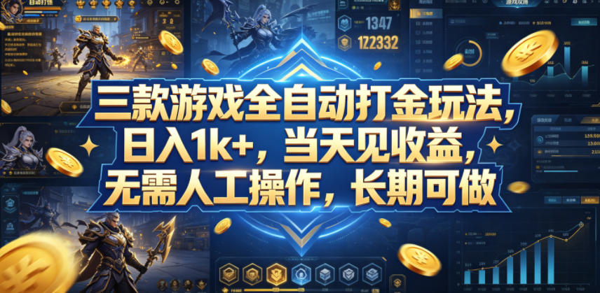 三款游戏全自动打金玩法，日入1k+，当天见收益，无需人工操作，长期可做【揭秘】-huitchan网创