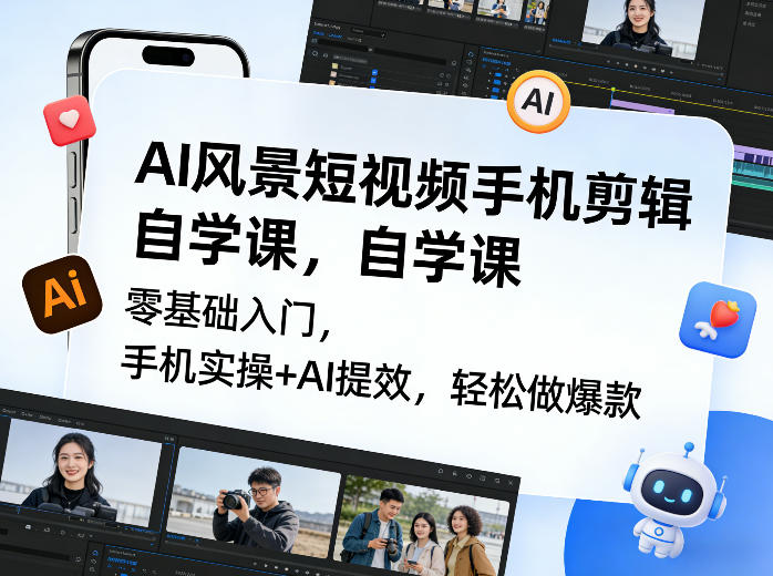 AI风景短视频手机剪辑自学课，零基础入门，手机实操+AI提效，轻松做爆款-huitchan网创