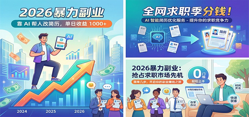2026暴力副业：靠AI帮人改简历，单日收益1000+，全网求职季分钱-huitchan网创