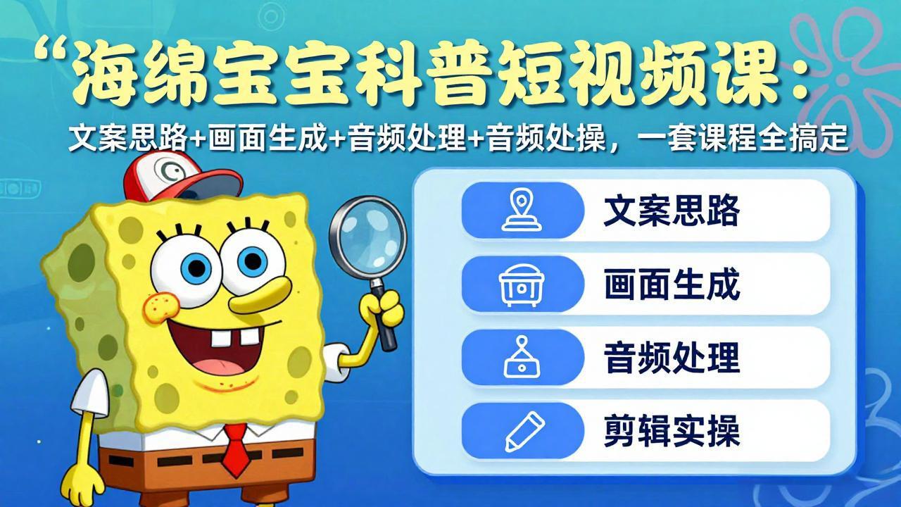 海绵宝宝科普短视频课：文案思路+画面生成+音频处理+剪辑实操，一套课程全搞定-huitchan网创