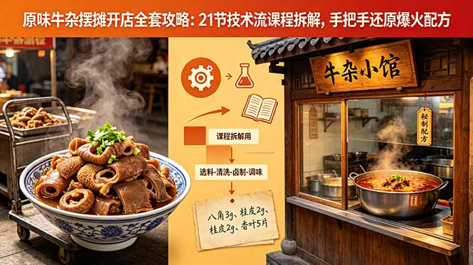 原味牛杂摆摊开店全套攻略：21节技术流课程拆解，手把手还原爆火配方-huitchan网创