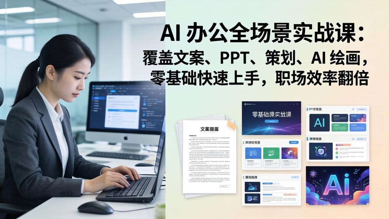 AI 办公全场景实战课：覆盖文案、PPT、策划、AI 绘画，零基础快速上手，职场效率翻倍-huitchan网创