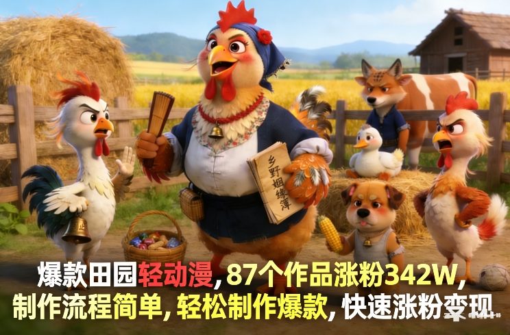 爆款田园轻动漫，87个作品涨粉342W，制作流程简单，轻松制作爆款，快速涨粉变现-huitchan网创