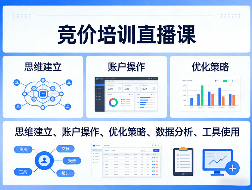竞价培训直播课，覆盖思维建立、账户操作、优化策略、数据分析、工具使用等，全方位提升效果-huitchan网创