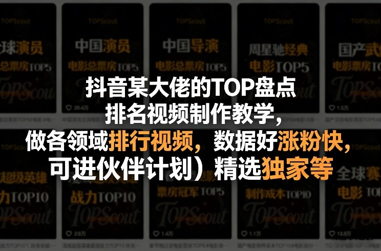 抖音某大佬的TOP盘点排名视频制作，做各领域排行视频，数据好涨粉快，可进伙伴计划＋精选独家等-huitchan网创