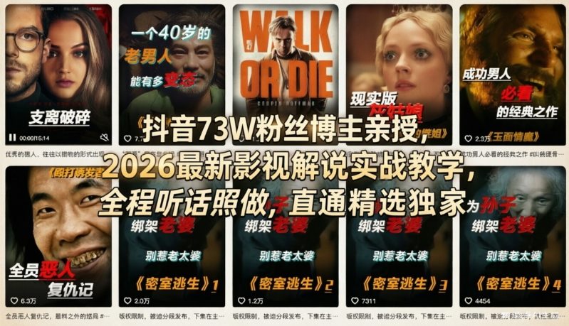 抖音73W粉丝博主亲授，2026最新影视解说实战教学，全程听话照做，直通精选独家-huitchan网创