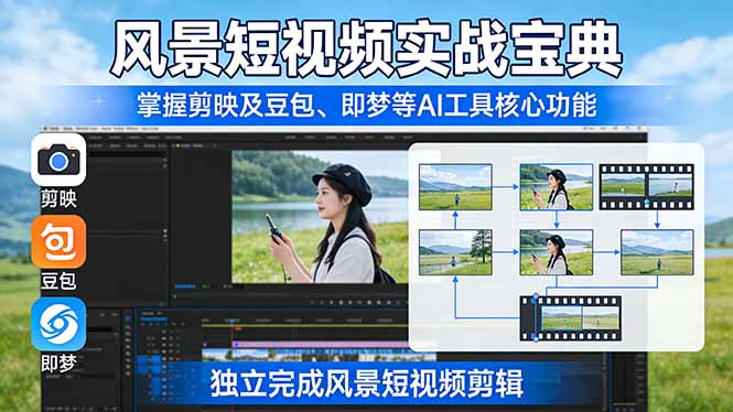 风景短视频实战宝典：掌握剪映及豆包、即梦等AI工具的核心功能，独立完成风景短视频剪辑-huitchan网创
