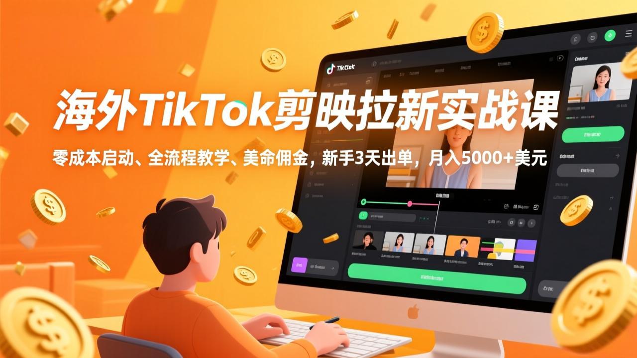 海外TikTok剪映拉新实战课，零成本启动、全流程教学、美金佣金，新手3天出单，月入5000+美元-huitchan网创