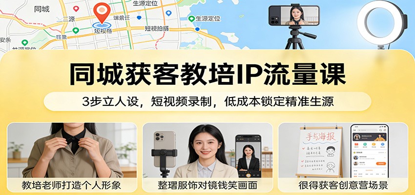 同城获客教培IP流量课：3步立人设，短视频录制，低成本锁定精准生源-huitchan网创