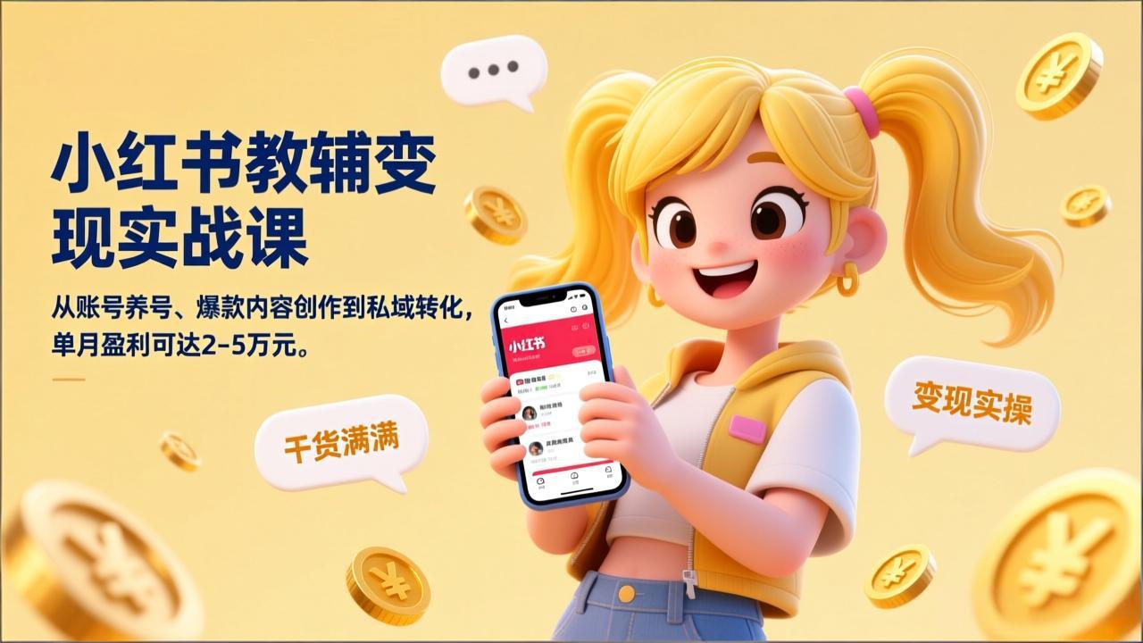 小红书教辅变现实战课，从账号养号、爆款内容创作到私域转化，单月盈利可达2-5万元-huitchan网创