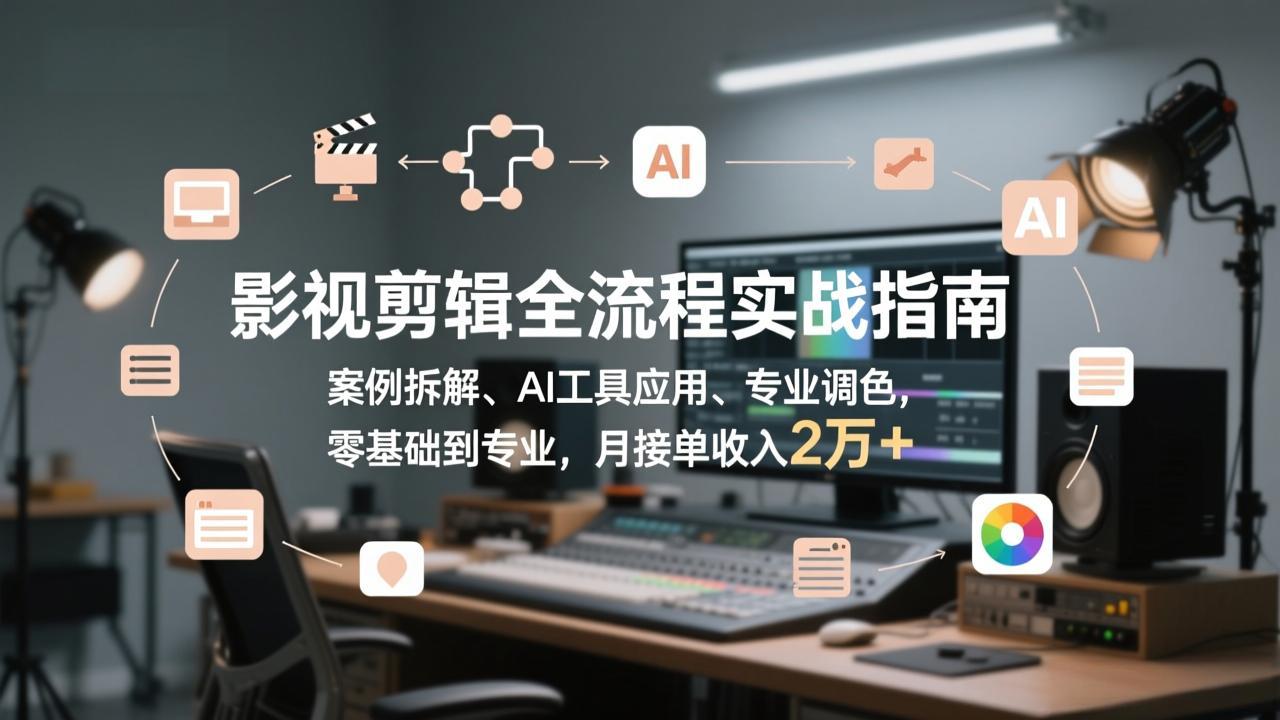 影视剪辑全流程实战指南，案例拆解、AI工具应用、专业调色，零基础到专业，月接单收入2万+-huitchan网创