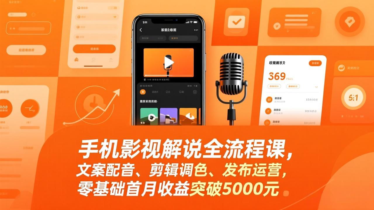 手机影视解说全流程课，文案配音、剪辑调色、发布运营，零基础首月收益突破5000元-huitchan网创