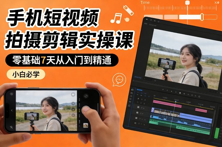 手机短视频拍摄剪辑实操课，零基础7天从入门到精通，小白必学-huitchan网创