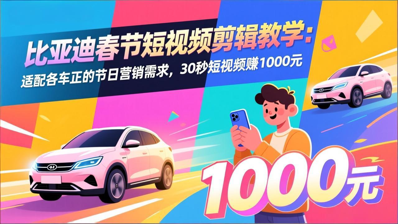 比亚迪春节短视频剪辑教学：适配各车企的节日营销需求，30秒短视频赚1000元-huitchan网创