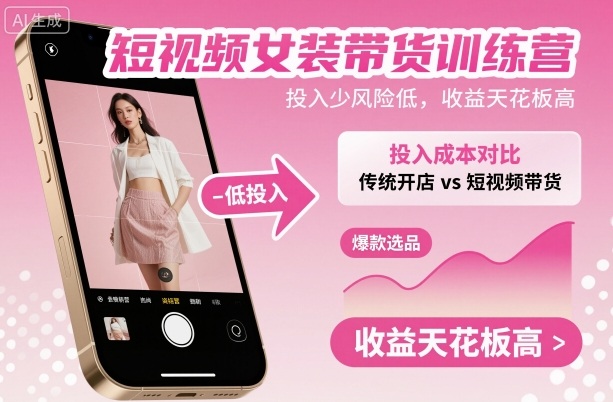 短视频女装带货训练营，投入少风险低，收益天花板高-huitchan网创