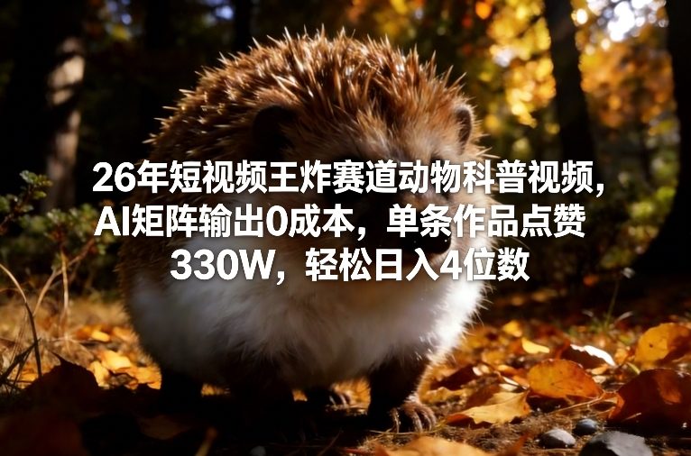 26年短视频王炸赛道动物科普视频，AI矩阵输出0成本，单条作品点赞330W，轻松日入4位数-huitchan网创