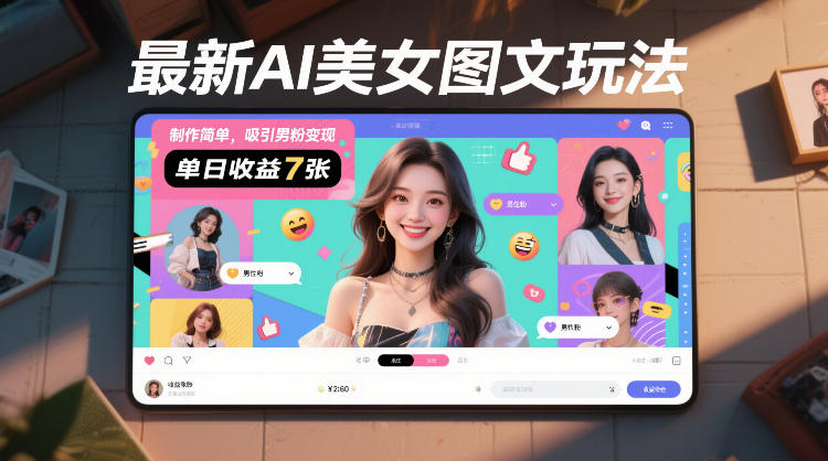 最新AI美女图文玩法，制作简单，吸引男粉变现，单天收益7张-huitchan网创
