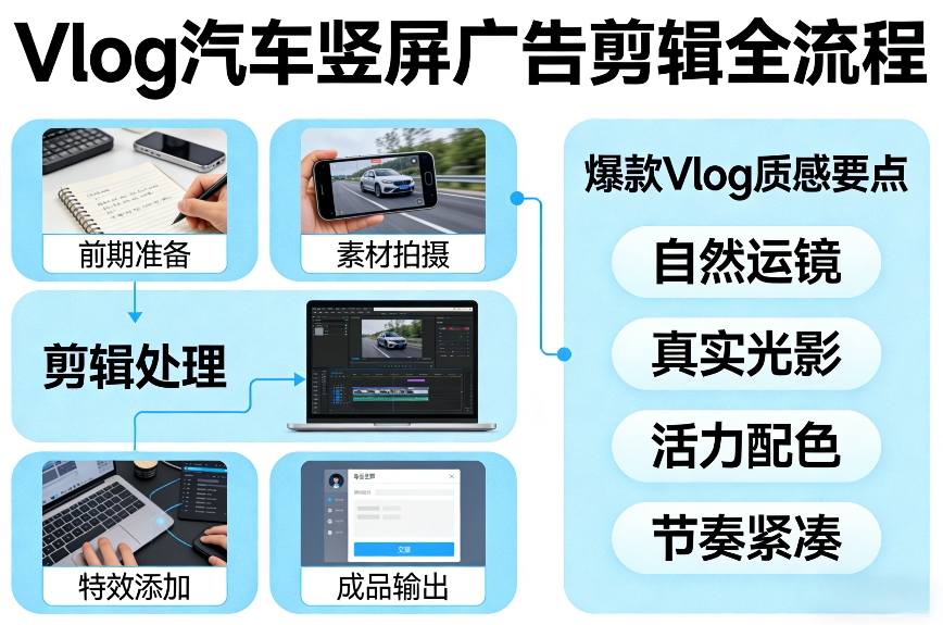 Vlog感觉汽车竖屏广告剪辑脚本全流程，拿捏爆款Vlog质感-huitchan网创