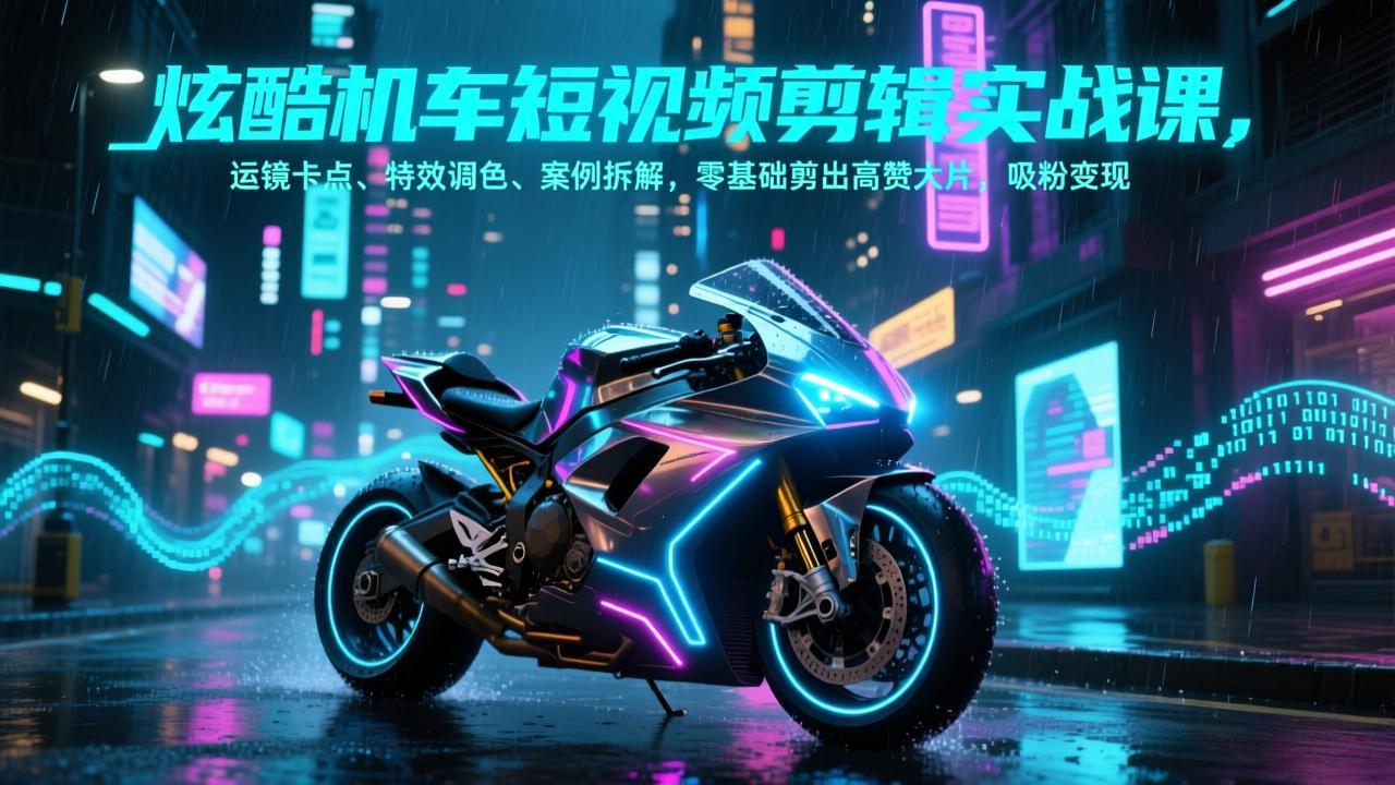 炫酷机车短视频剪辑实战课，运镜卡点、特效调色、案例拆解，零基础剪出高赞大片，吸粉变现-huitchan网创
