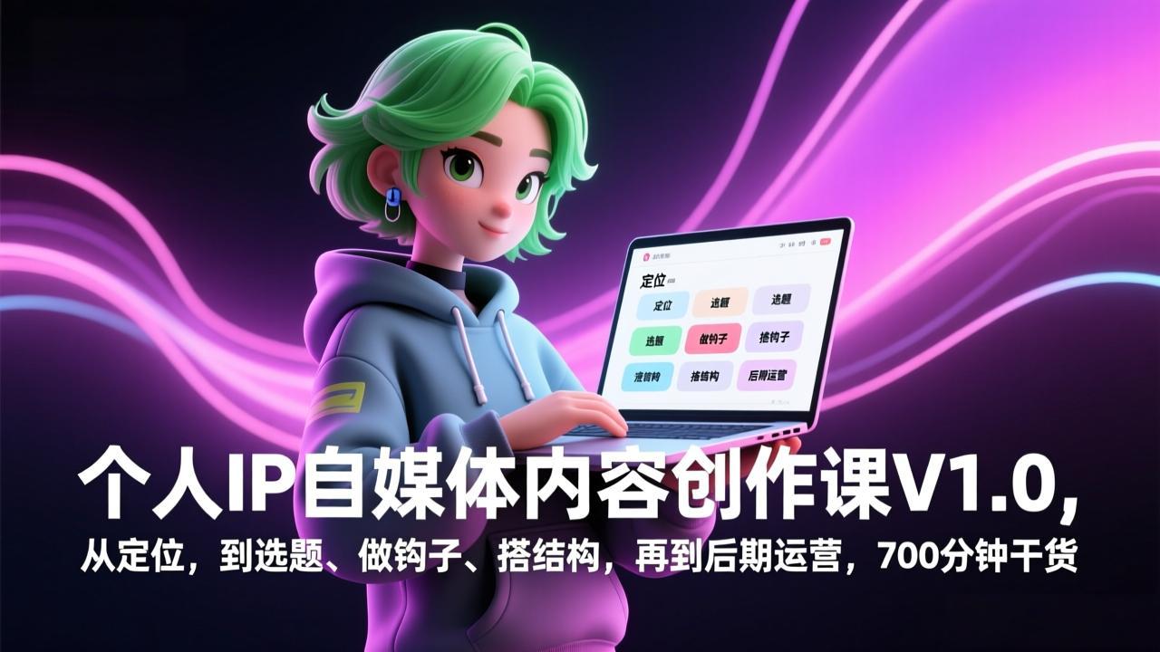 个人IP自媒体内容创作课V1.0，从定位，到选题、做钩子、搭结构，再到后期运营，700分钟干货-huitchan网创