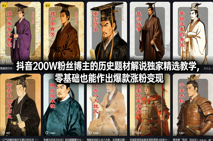抖音200W粉丝博主的历史题材解说独家精选教学，零基础也能作出爆款涨粉变现-huitchan网创