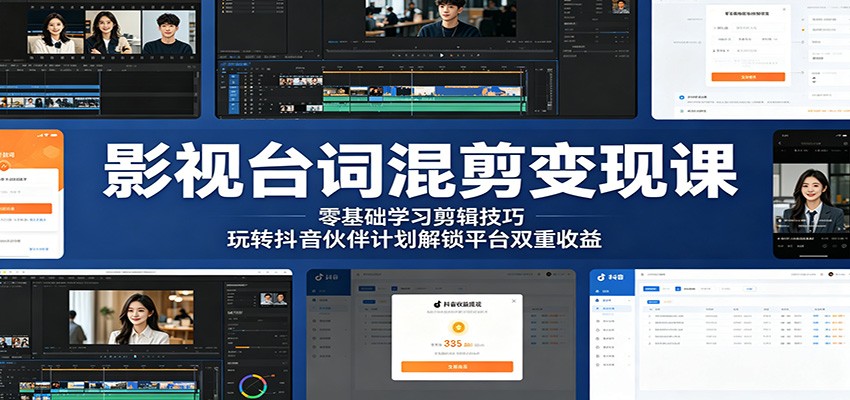 影视台词混剪变现课：零基础学习剪辑技巧，玩转抖音伙伴计划解锁平台双重收益-huitchan网创