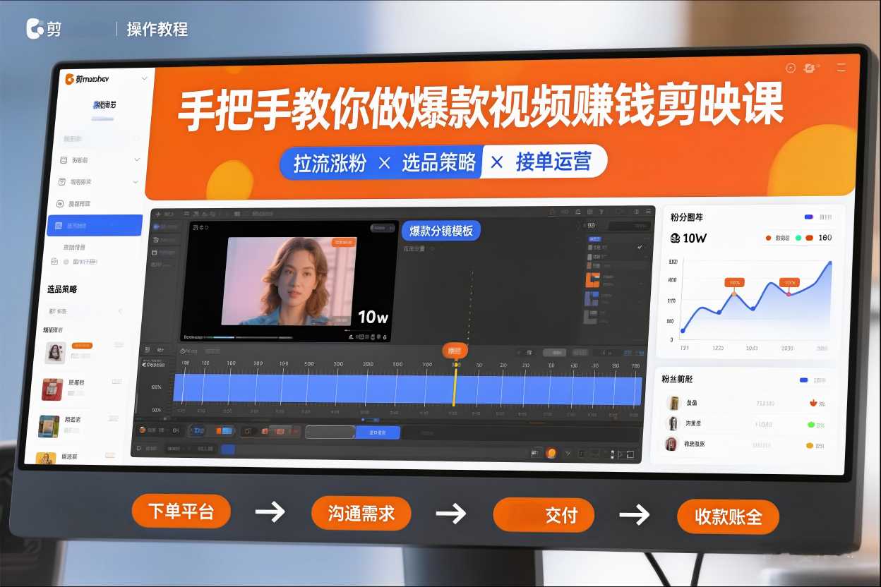 手把手教你做爆款视频赚钱剪映课，手把手教学拉流涨粉、选品策略和接单运营(更新2026)-huitchan网创