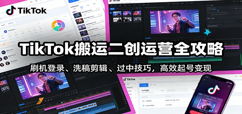 TikTok搬运二创运营全攻略：刷机登录、洗稿剪辑 、过中技巧，高效起号变现-huitchan网创