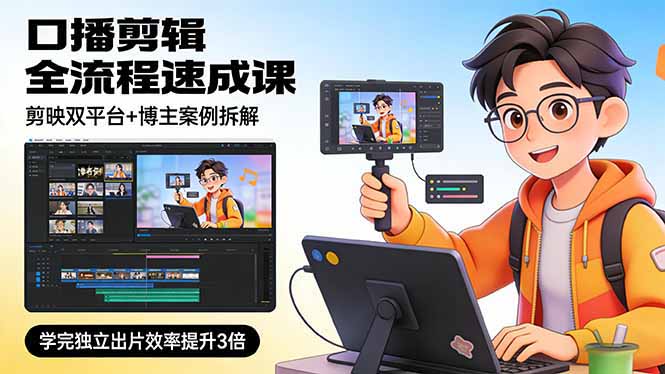 口播剪辑全流程速成课，剪映双平台+博主案例拆解，学完独立出片效率提升3倍-huitchan网创