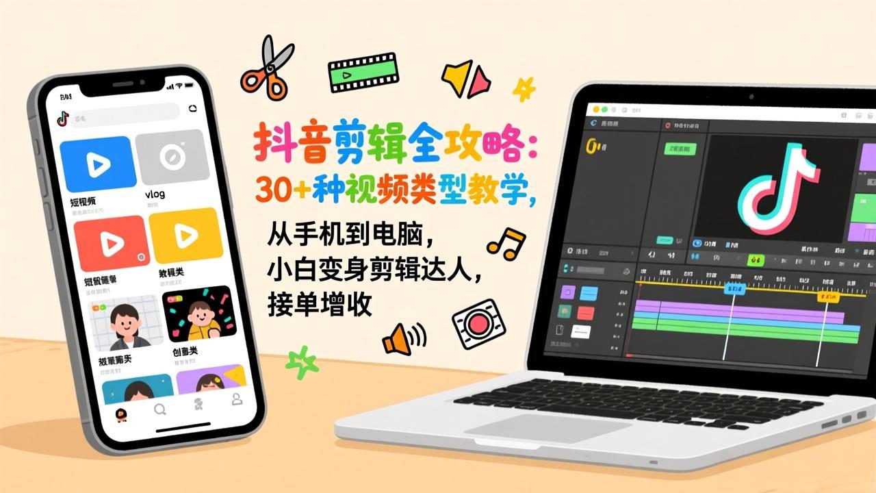 抖音剪辑全攻略：30+种视频类型教学，从手机到电脑，小白变身剪辑达人，接单增收-huitchan网创