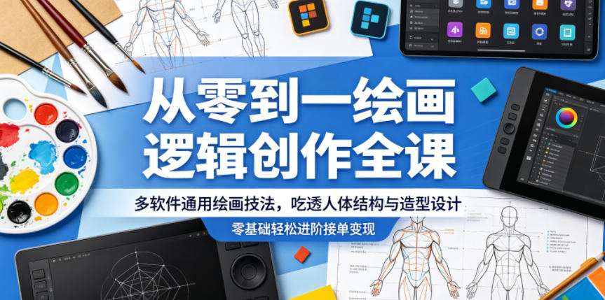 从零到一绘画逻辑创作全课，多软件通用绘画技法，吃透人体结构与造型设计，零基础轻松进阶接单变现-huitchan网创