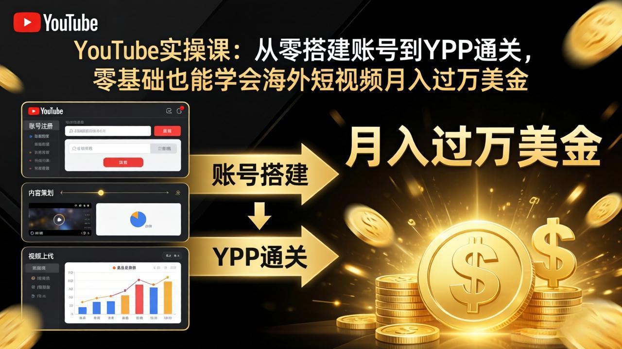 YouTube实操课：从零搭建账号到YPP通关，零基础也能学会海外短视频月入过万美金-huitchan网创