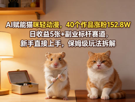 AI赋能猫咪轻动漫，40个作品涨粉152.8W，日收益5张+副业标杆赛道，新手直接上手，保姆级玩法拆解-huitchan网创