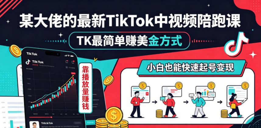 某大佬的最新TikTok中视频陪跑课，TK最简单賺美金方式，靠播放量賺钱，小白也能快速起号变现-huitchan网创