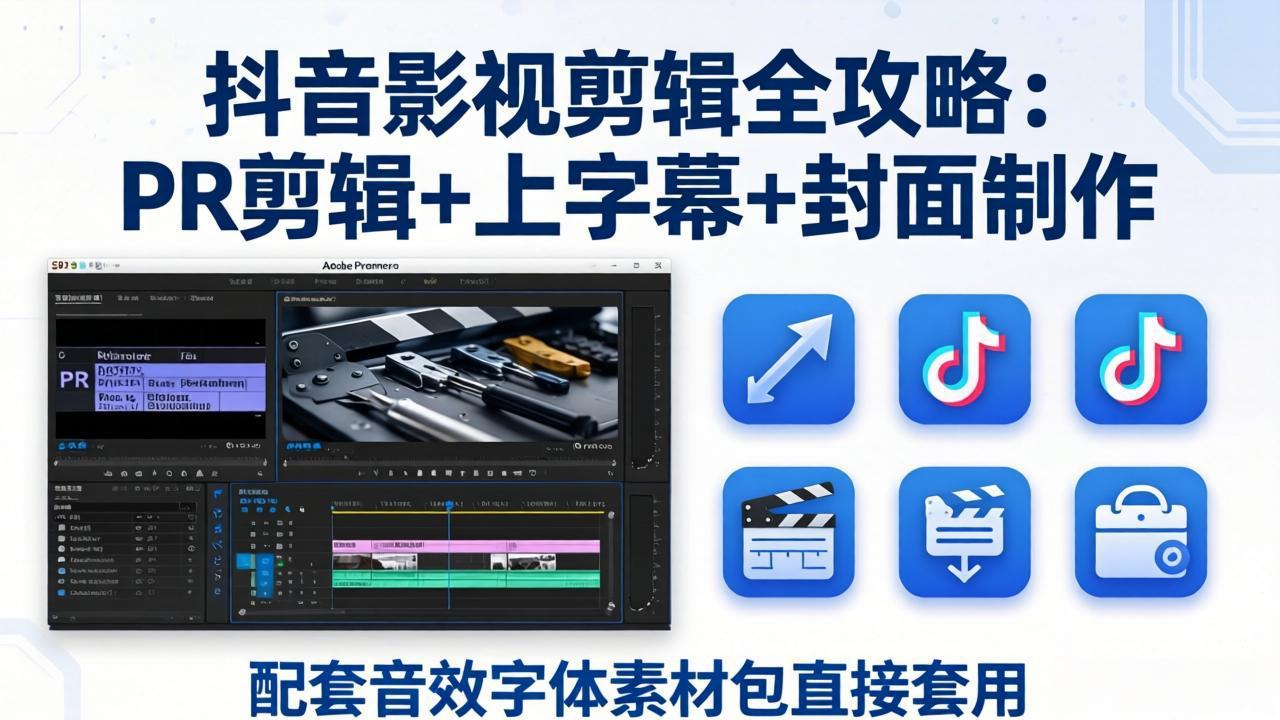 抖音影视剪辑全攻略：PR剪辑+上字幕+封面制作，配套音效字体素材包直接套用-huitchan网创