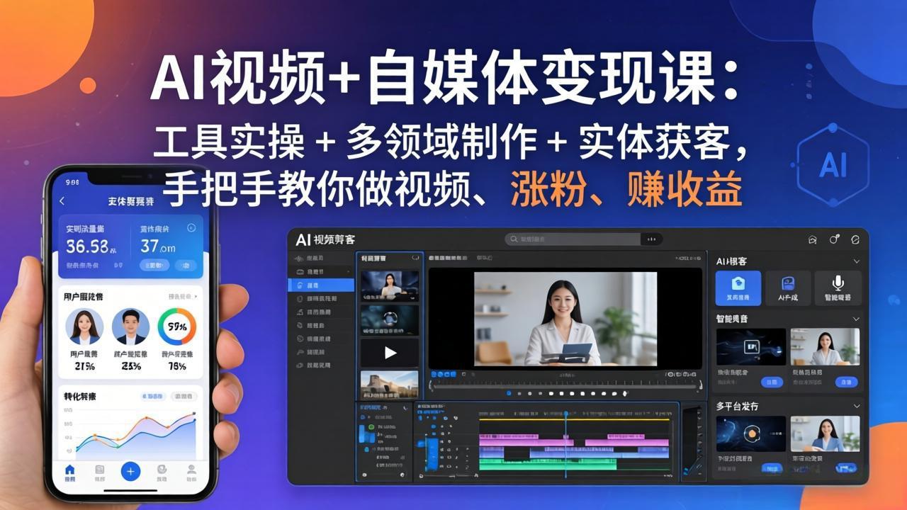 AI视频+自媒体变现课：工具实操 + 多领域制作 + 实体获客，手把手教你做视频、涨粉、赚收益-huitchan网创