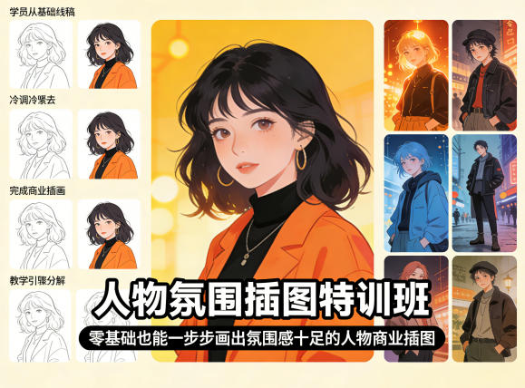 人物氛围插图特训班，零基础也能一步步画出氛围感十足的人物商业插图-huitchan网创