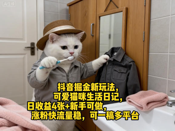 抖音掘金新玩法，可爱猫咪生活日记，日收益4张+新手可做，涨粉快流量稳，可一稿多平台-huitchan网创