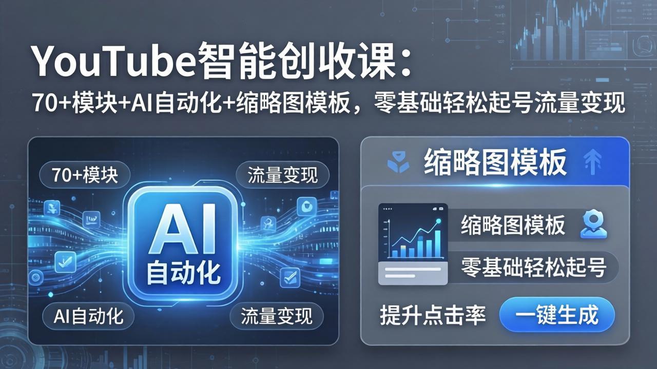 YouTube智能创收课：70+模块+AI自动化+缩略图模板，零基础轻松起号流量变现-huitchan网创