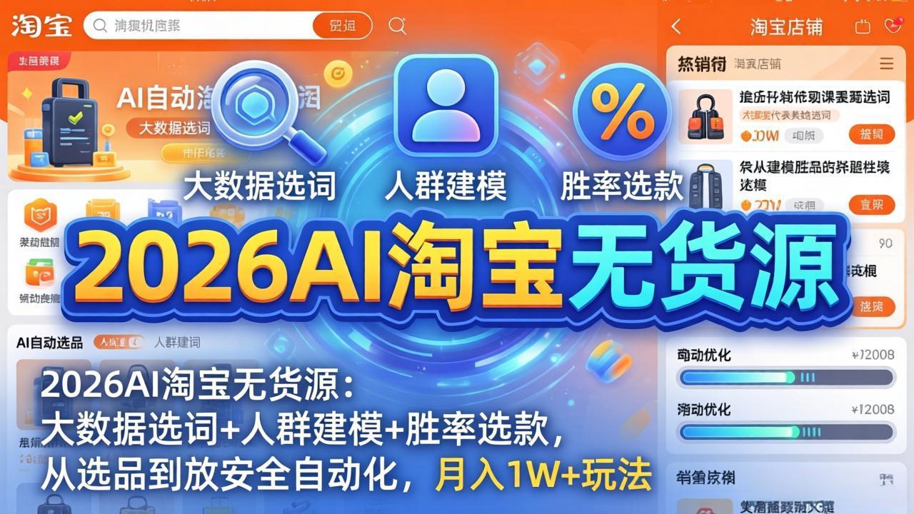 2026AI淘宝无货源-4月更新：大数据选词+人群建模+胜率选款，从选品到放大全自动化，月入1W+玩法-huitchan网创