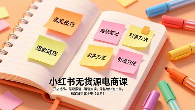小红书无货源电商课，开店选品、笔记搬运、运营变现，零基础快速出单，稳定日销数十单(更新-huitchan网创