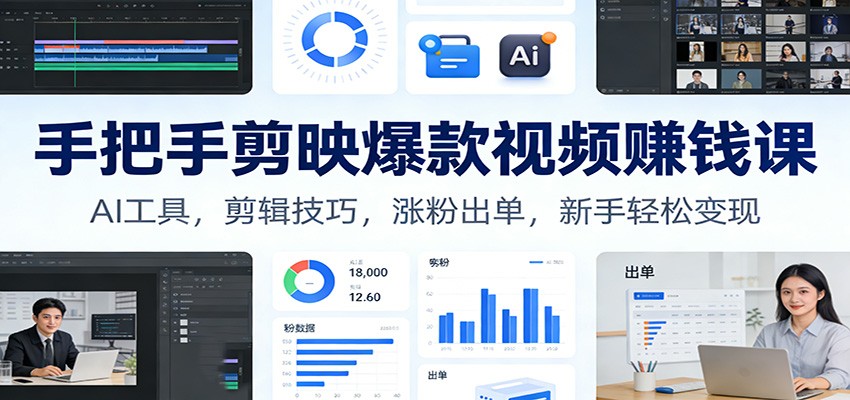 手把手剪映爆款视频赚钱课：AI工具，剪辑技巧，涨粉出单，新手轻松变现-huitchan网创