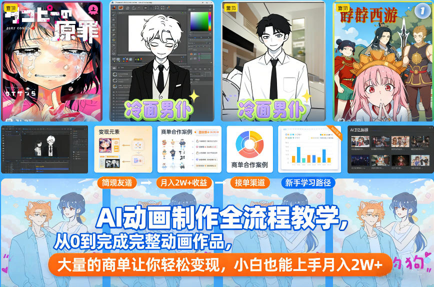 AI动画制作全流程教学，从0到完成完整动画作品，大量的商单让你轻松变现，小白也能上手月入2W+-huitchan网创