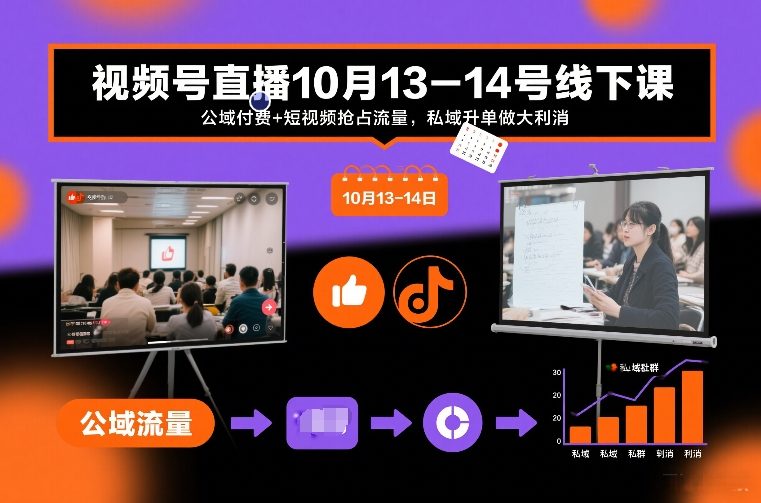视频号直播10月13-14号线下课，公域付费+短视频抢占流量，私域升单做大利消-huitchan网创