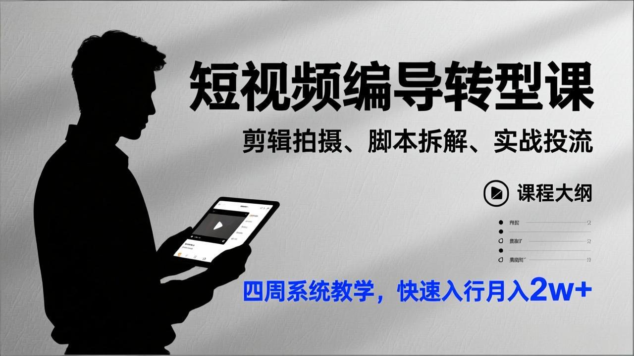 短视频编导转型课，剪辑拍摄、脚本拆解、实战投流，四周系统教学，快速入行月入2w+-huitchan网创