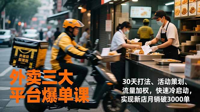 外卖三大平台爆单课，30天打法、活动策划、流量加权，快速冷启动，实现新店月销破3000单-huitchan网创