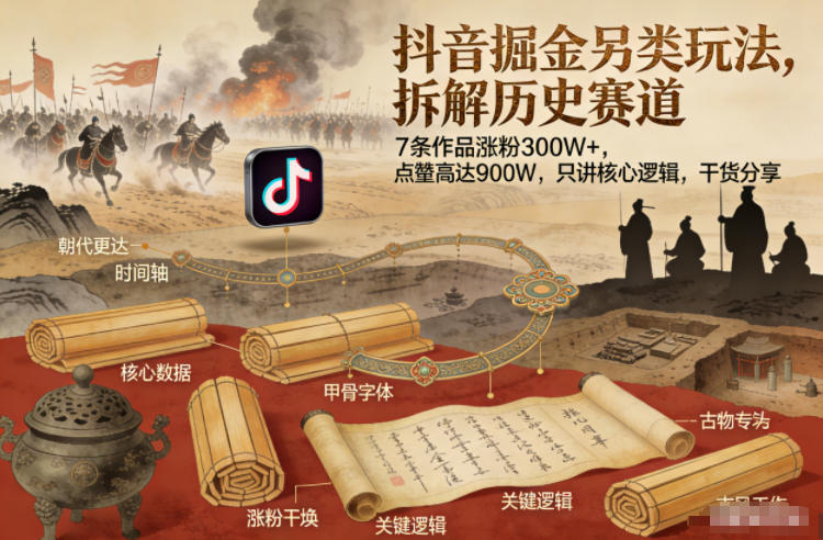 抖音掘金另类玩法，拆解历史赛道，7条作品涨粉300W+，点赞量高达900W，只讲核心逻辑，干货分享-huitchan网创
