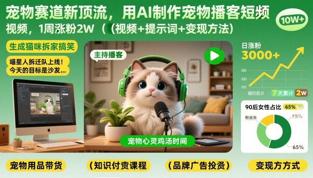 宠物赛道新顶流，用AI制作宠物播客短视频，1周涨粉2W(视频+提示词+变现方法)-huitchan网创