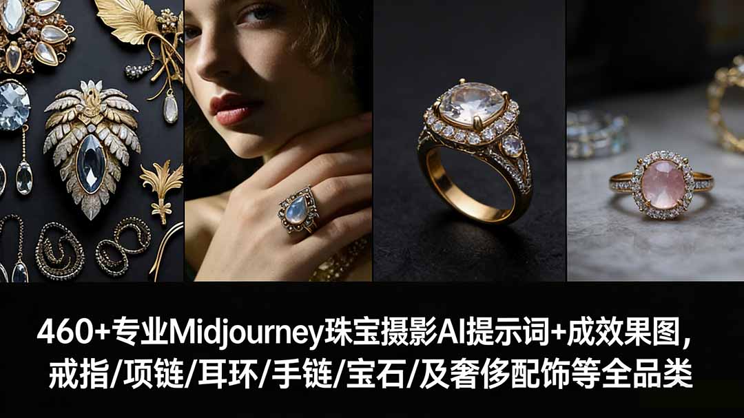 460+专业Midjourney珠宝摄影AI提示词+成效果图，戒指/项链/耳环/手链/宝石/及奢侈配饰等全品类-huitchan网创
